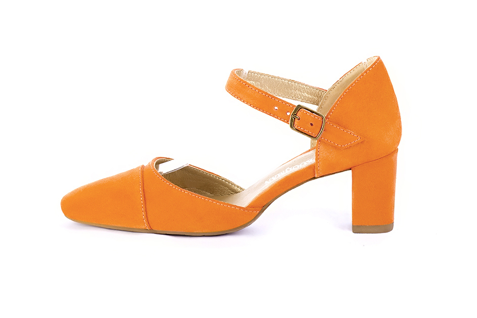Apricot orange open side elegant shoes, with an instep strap. Round toe. Medium block heels. - Florence KOOIJMAN